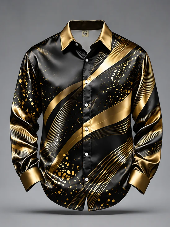 Breathable Silk Satin Abstract Geometric Lines  Long-Sleeve Casual Shirt