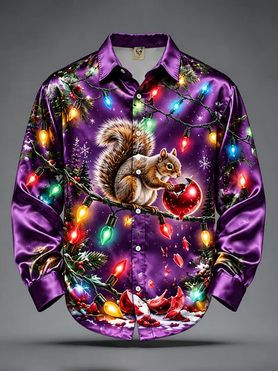 Breathable Silk Satin  Christmas Squirrel & String Lights Print Long-Sleeve Casual Shirt