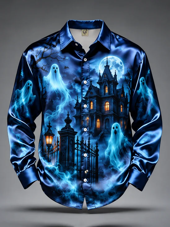 Breathable Silk Satin Halloween Ghost Castle Long-Sleeve Casual Shirt