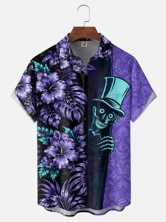 Moisture-Wicking Halloween  Tropical Hibiscus Top Hat Skull Chest Pocket Hawaiian Shirt