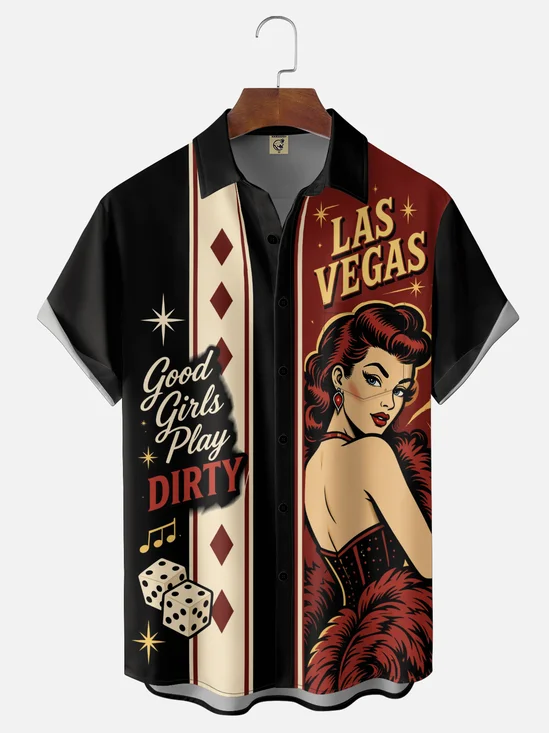 Moisture-Wicking  Featuring Las Vegas Pin-up Girls Dice Playing Card Suits  Chest Pocket Hawaiian Shirt