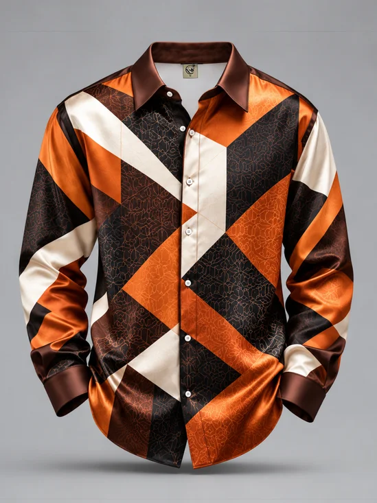 Breathable Silk Satin  Abstract Geometric Lines Long-Sleeve Casual Shirt