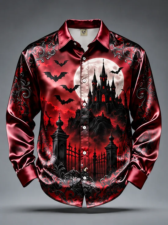 Breathable Silk Satin Halloween Bat & Castle Long-Sleeve Casual Shirt
