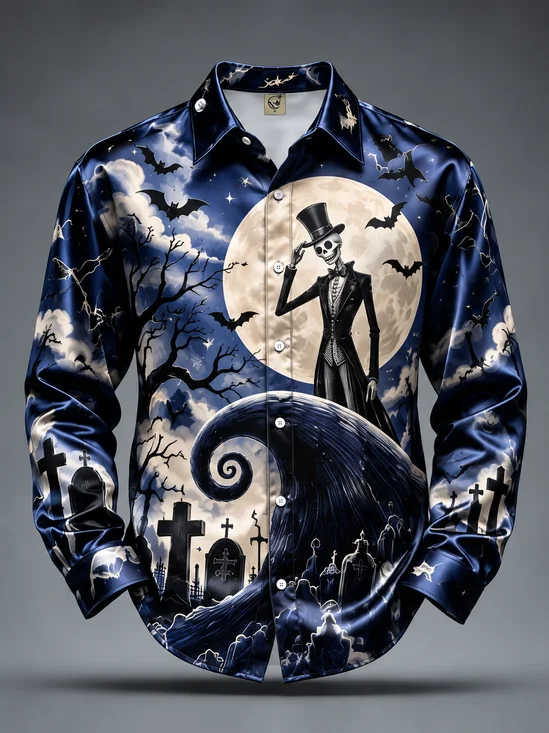 Breathable Silk Satin Halloween Moonlit Night Ghost & Skull Long-Sleeve Casual Shirt