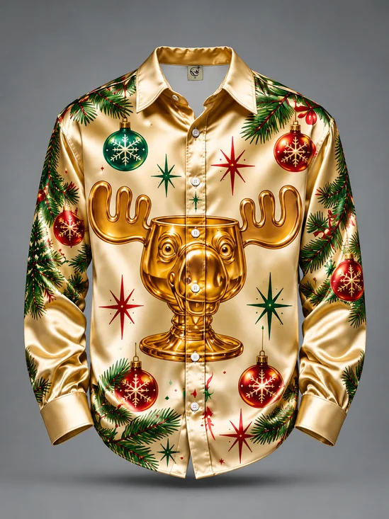 Breathable Silk Satin Christmas Reindeer Print Long-Sleeve Casual Shirt