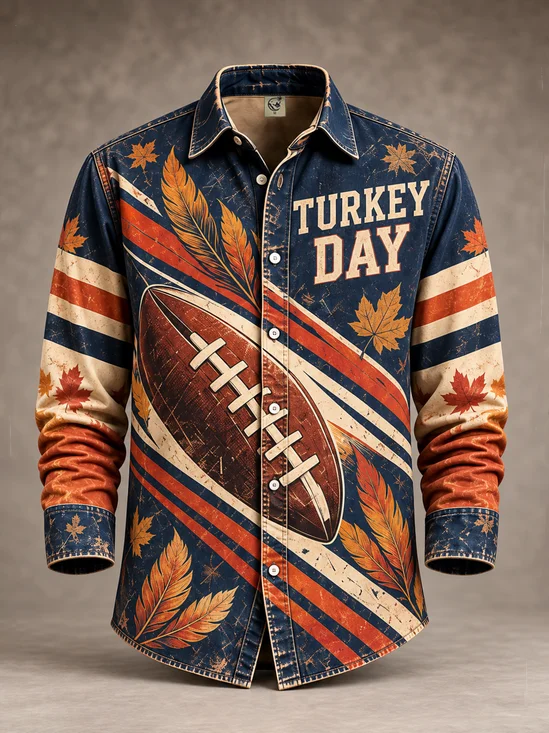 Moisture-Wicking Thanksgiving Maple Leaf & Football  Long-Sleeve Casual Shirt