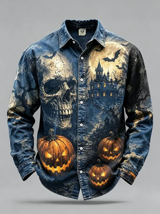 Tall Size Moisture-Wicking Halloween Castle Pumpkin Skull Bat Print Chest Pocket Long-Sleeve Casual Shirt