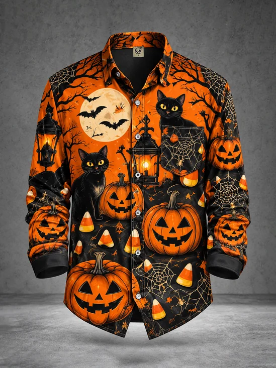 Moisture-wicking Halloween Pumpkin Cat Breast Pocket Long Sleeve Casual Shirt