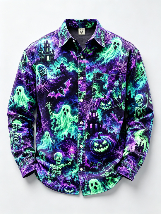 Tall Size Moisture-Wicking Halloween Castle Pumpkin Ghost Bat Chest Pocket Long-Sleeve Casual Shirt