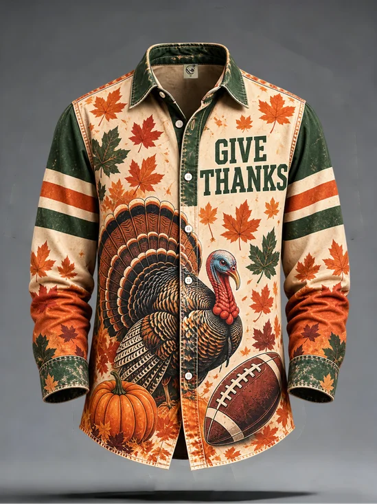 Moisture-Wicking Thanksgiving Maple Leaf & Football  Long-Sleeve Casual Shirt