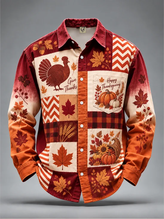 Moisture-Wicking Thanksgiving Maple Leaf Pumpkin Turkey Print  Chest Pocket Long-Sleeve Casual Shirt