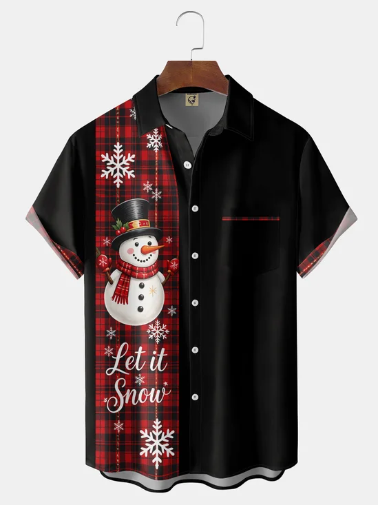 Moisture-Wicking "Merry Christmas Snowman" Chest Pocket Hawaiian Shirt
