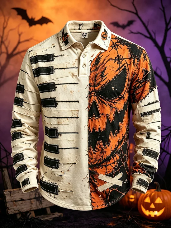 Moisture-Wicking Halloween Pumpkin Geometric Long-Sleeve Hawaiian Golf Polo