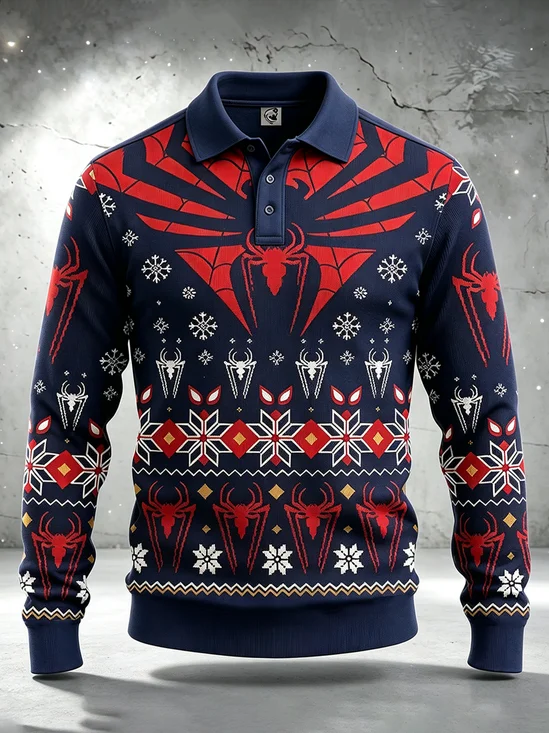Moisture-Wicking  Christmas Snowflake & Geometric Spider Design Long-Sleeve Hawaiian Golf Polo