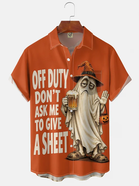 Moisture-Wicking Funny Halloween Ghost "Off Duty Don't Ask Me To Give A Sheet" Beer Pumpkin Witch Hat Chest Pocket Holiday Hawaiian Shirt