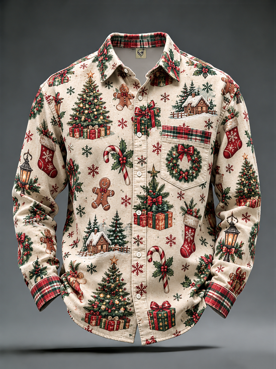 Moisture-Wicking  Christmas Themed Chest Pocket Christmas Tree Snowflake Candy Cane Gingerbread Man Long-Sleeve Casual Shirt