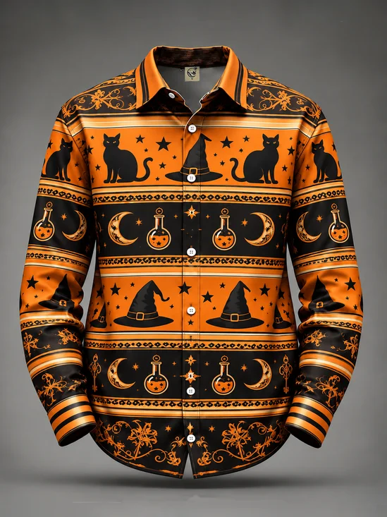 Moisture-Wicking Halloween Black Cat & Wizard Hat  Long-Sleeve Casual Shirt
