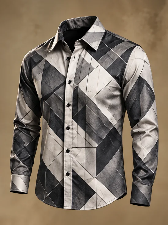 Moisture-Wicking  Abstract Geometric Grid Line Pattern Long-Sleeve Casual Shirt