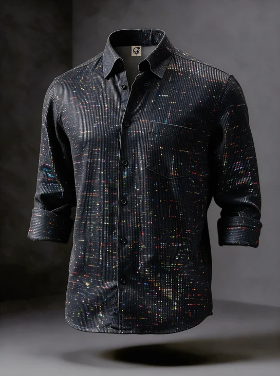 Moisture-Wicking Pixel Dot Matrix Style Vertical Stripe Texture Chest Pocket Casual Hawaiian Long-Sleeve Shirt