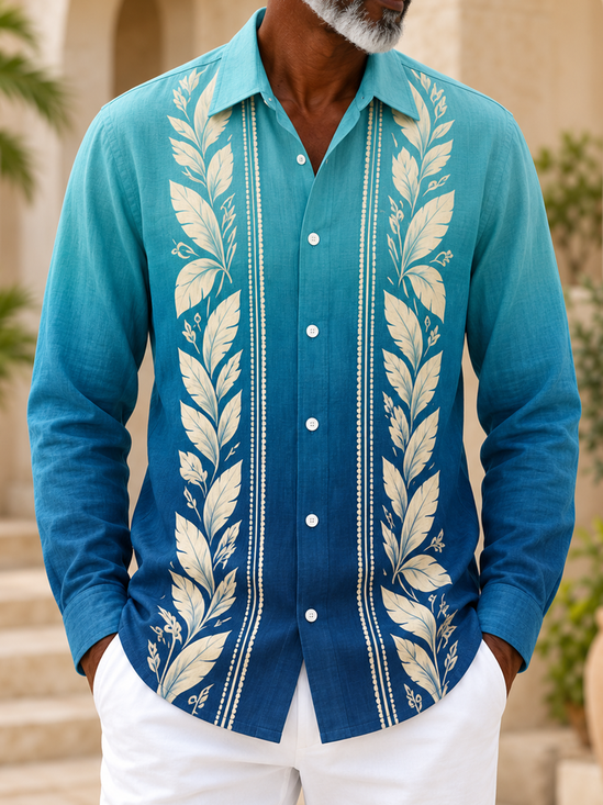 Linen-Texture Tropical Stripe Gradient Botanical Print Long-Sleeve Casual  Guayabera Shirt