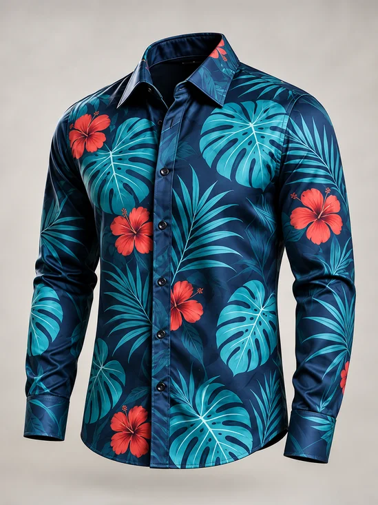Moisture-Wicking Tropical Floral Long-Sleeve Casual Shirt