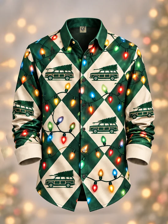 Moisture-Wicking Christmas Tree with Lights & Vintage Car  Long-Sleeve Casual Shirt