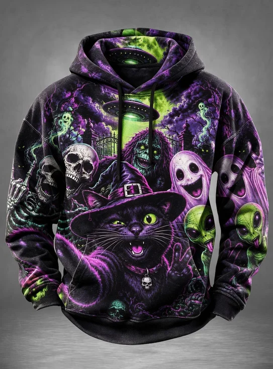 Halloween Dark Horror Style Witch Cat Skull Ghost Alien UFO Zombie Cemetery Kangaroo-Pocket Hoodie Sweatshirt