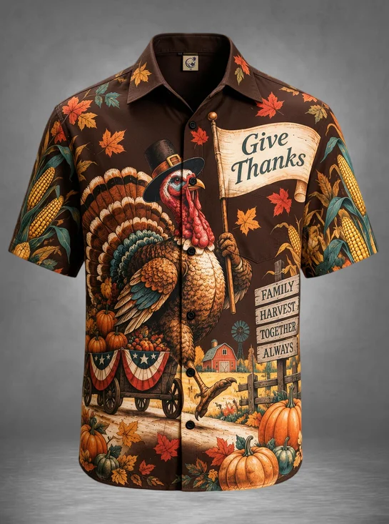 Moisture-Wicking Vintage Brown Farmhouse Thanksgiving "Give Thanks" Pilgrim Turkey Pumpkin Chest Pocket Holiday Hawaiian Shirt