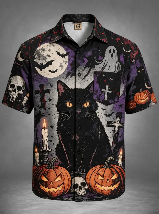 Moisture-Wicking Halloween Vintage Spooky Cat Pumpkin Chest Pocket Holiday Hawaiian Shirt