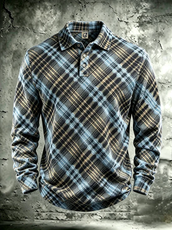 Moisture-Wicking 3D Abstract Plaid Long-Sleeve Hawaiian Golf Polo
