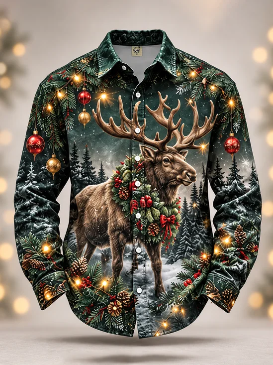 Moisture-Wicking  Christmas Lights Reindeer Christmas Tree & Snowflake Print Casual Long-Sleeve Shirt
