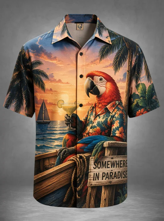 Moisture-Wicking Funny Macaw Parrot "Somewhere Paradise" Sunset Beach Cocktail Chest Pocket Holiday Hawaiian Shirt