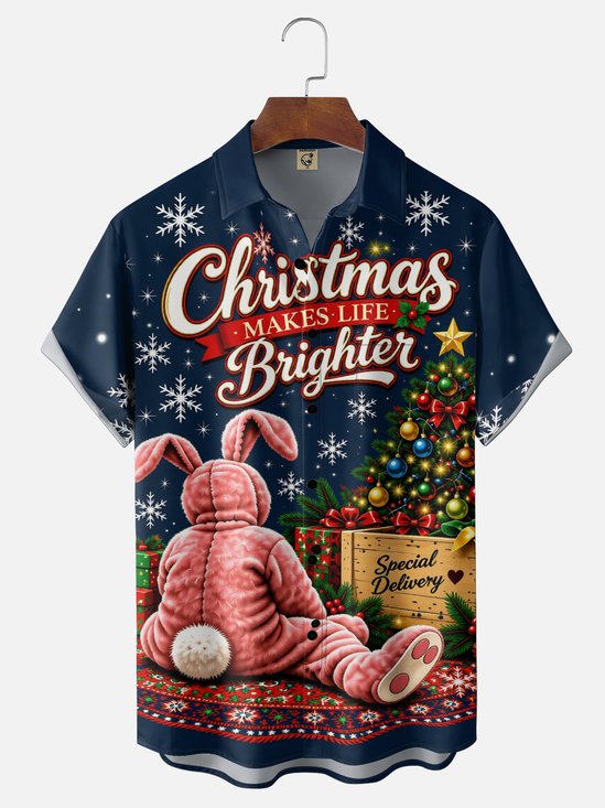Moisture-Wicking "Merry Christmas" Christmas Tree & Pink Rabbit Chest Pocket Hawaiian Shirt