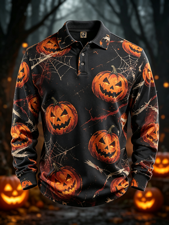 Moisture-Wicking Halloween Pumpkin & Spiderweb Long-Sleeve Hawaiian Golf Polo