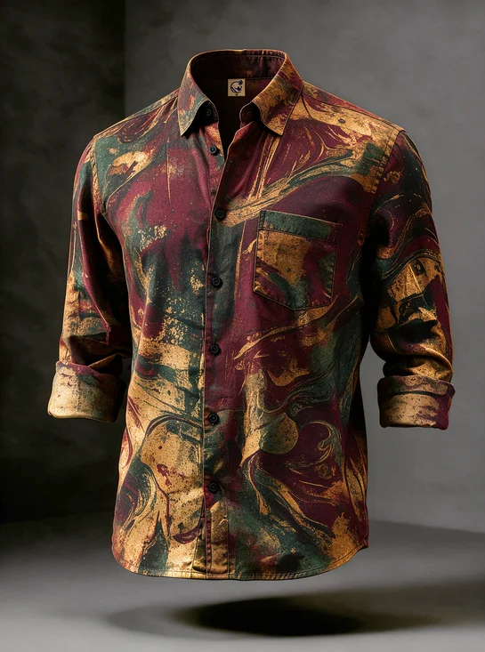 Moisture-Wicking Marble Fluid Art Style Vintage Distressed Texture Chest Pocket Casual Hawaiian Long-Sleeve Shirt