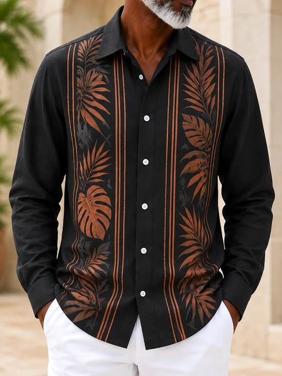 Moisture-Wicking Tropical Print Long-Sleeve Casual  Guayabera Shirt