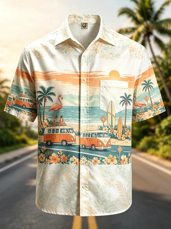 Moisture-Wicking Gradient Beach Palm Tree Flamingo Print Chest Pocket Hawaiian Shirt