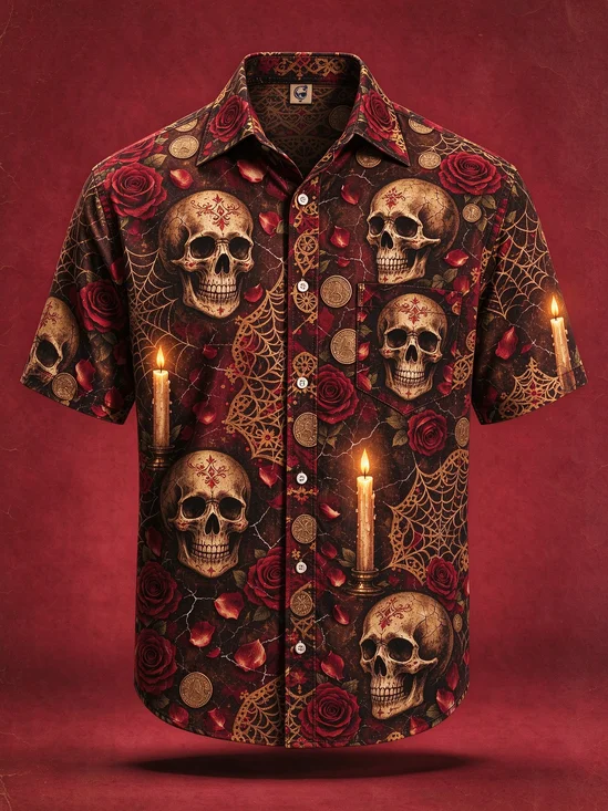 Moisture-Wicking Gradient Day Of The Dead Skull Floral  Spiderweb Print  Chest Pocket Hawaiian Shirt