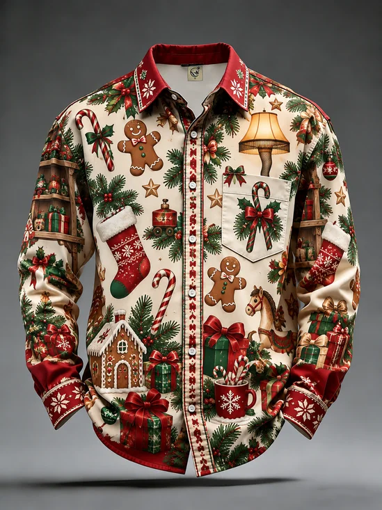Moisture-Wicking Christmas Tree Snowflake Candy Cane Gingerbread Man Chest Pocket Long-Sleeve Casual Shirt with