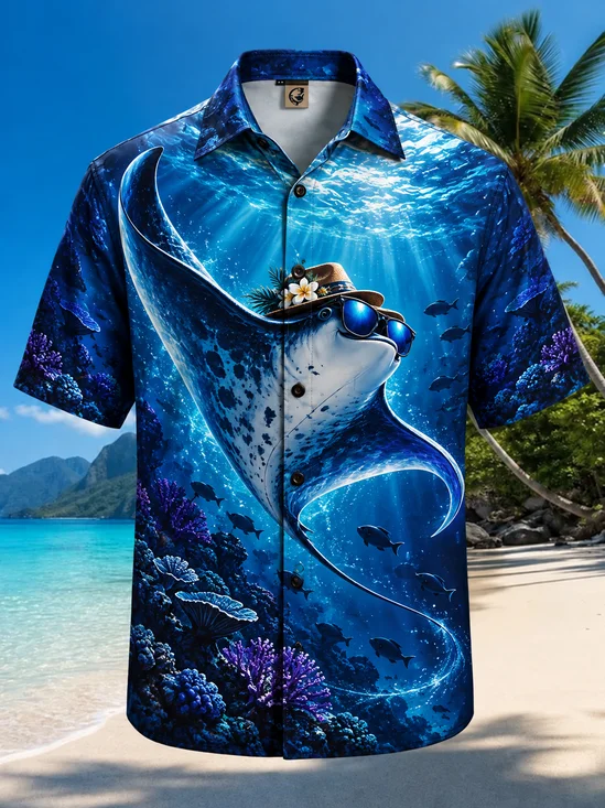 Moisture-Wicking Funny Manta Ray with Straw Hat Sunglasses Underwater Ocean Coral Reef Chest Pocket Hawaiian Shirt