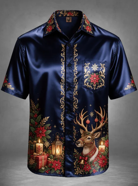 Breathable Silk Satin Navy Christmas Elk Candlelight Chest Pocket Holiday Hawaiian Shirt