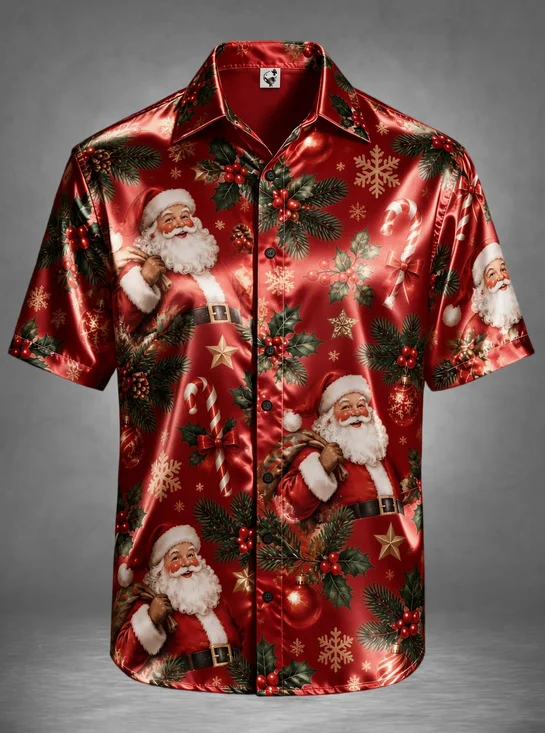 Breathable Silk Satin Vintage Christmas Santa Claus Holiday Hawaiian Shirt