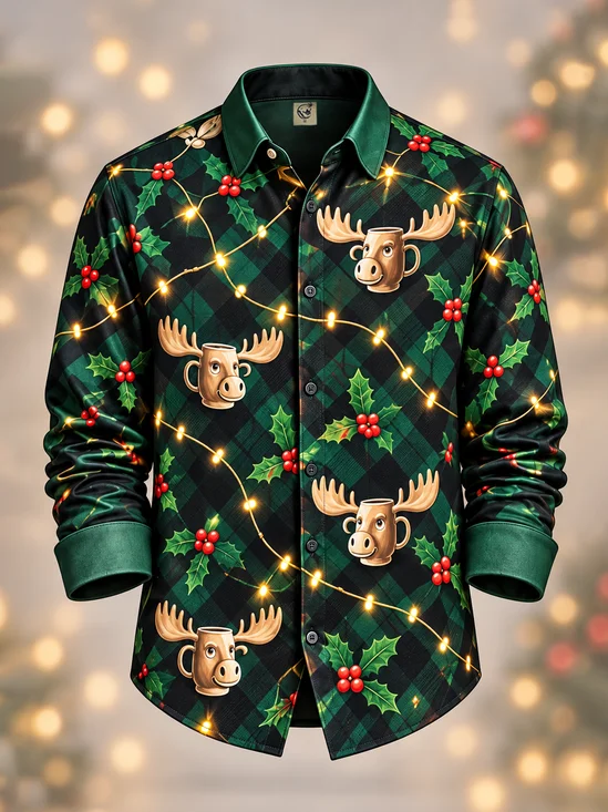 Moisture-Wicking Christmas Lights Christmas Tree Moose Head Print Long-Sleeve Casual Shirt
