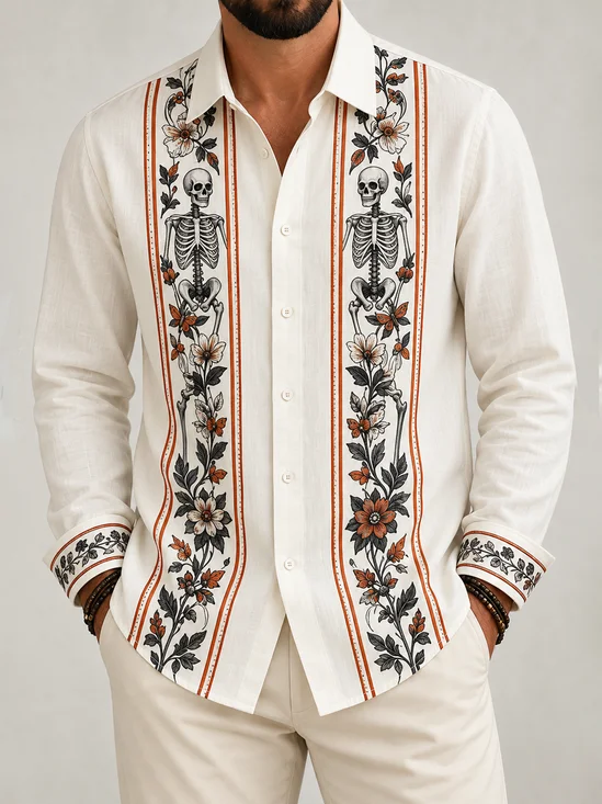 Linen-Texture Day of the Dead Striped Floral Skull Print  Long-Sleeve Casual Guayabera Shirt