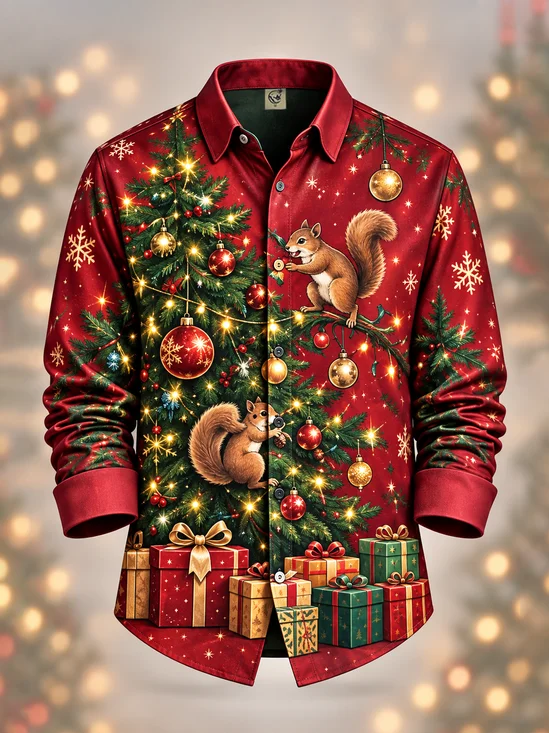 Moisture-Wicking Christmas Tree with Lights & Squirrel Design Long-Sleeve Casual Shirt