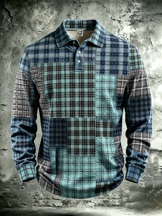Moisture-Wicking 3D Abstract Plaid Long-Sleeve Hawaiian Golf Polo