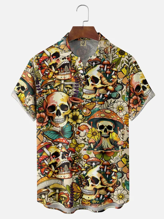Moisture-Wicking Hippie Mushroom Skull Chest Pocket Hawaiian Shirt