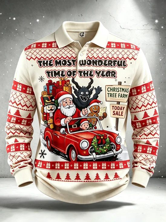 Moisture-Wicking Gradient Christmas-Themed  Santa Snowflake & Christmas Tree Print Long-Sleeve Hawaiian Golf Polo
