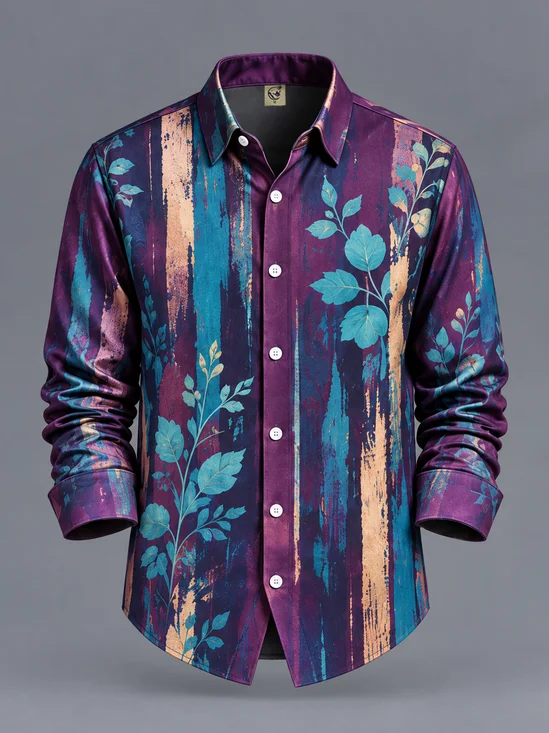 Moisture-Wicking Geometric Stripe and Leaf Print Long-Sleeve Casual Shirt