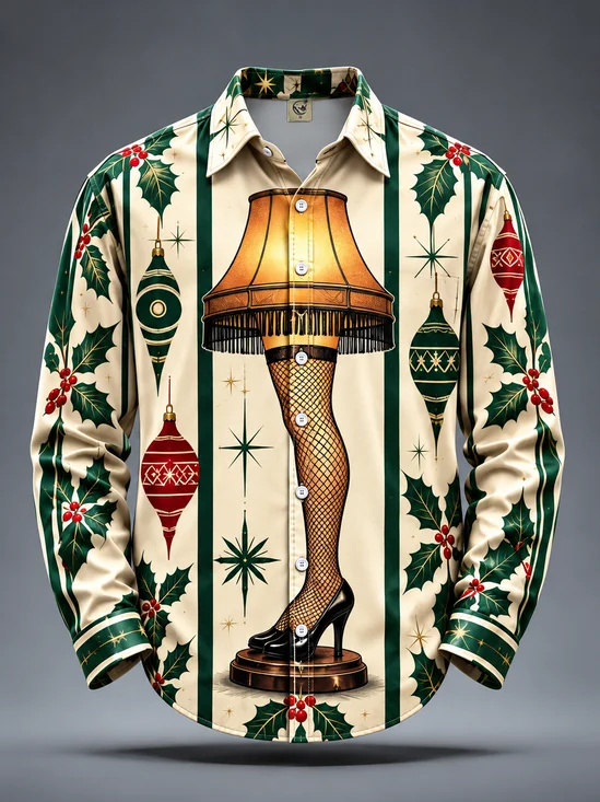 Moisture-Wicking Christmas Leg-Themed Long-Sleeve Casual Shirt
